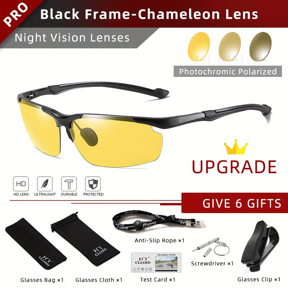 CLLOIO Polarized Photochromic Sunglasses Men's Rimless Night Driving Glasses