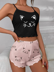 Cat Print Pajama Set Crew Neck Cami Top & Shorts Women Sleepwear