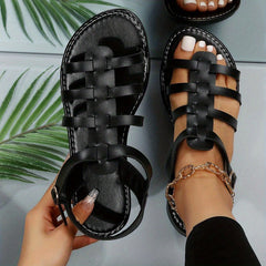 Women's Cut Out Flat Sandals Casual Buckle Strap Faux Leather Sandals