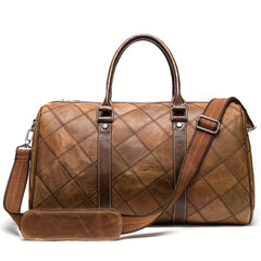 Men's Leather Duffel Bag Vintage Shoulder Bag Plaid Travel Luggage