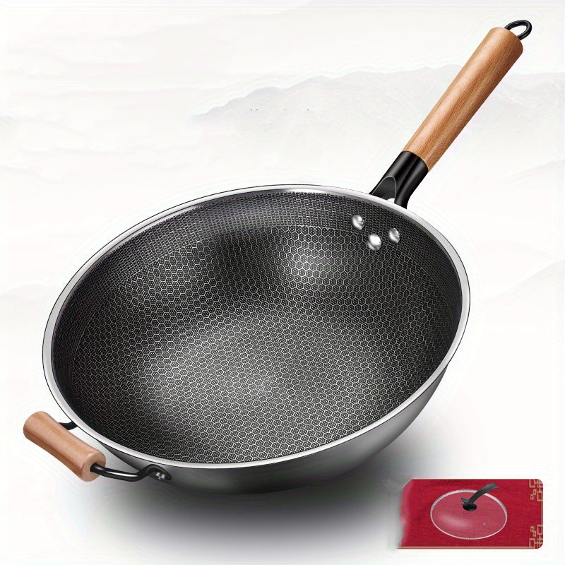 Non Stick Wok With Lid 34 01cm Stainless Steel Honeycomb Coating Deep Frying Pan