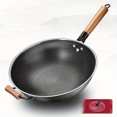 Non Stick Wok With Lid 34 01cm Stainless Steel Honeycomb Coating Deep Frying Pan