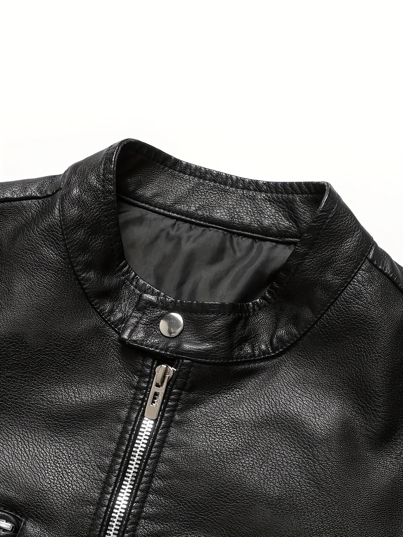 PU Biker Jacket Men's Casual Pockets Zip Up Stand Collar Faux Leather Jacket
