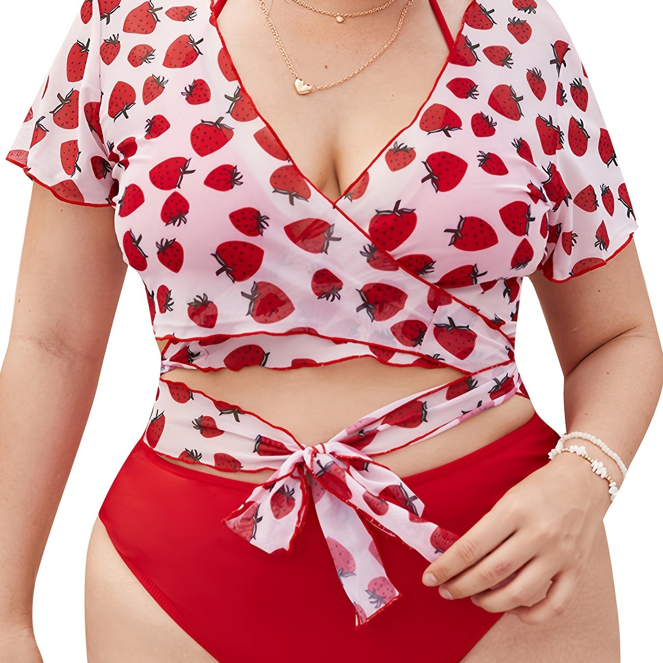 Strawberry Print Swimsuit Set High Stretch 3pcs Set