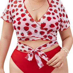 Strawberry Print Swimsuit Set High Stretch 3pcs Set