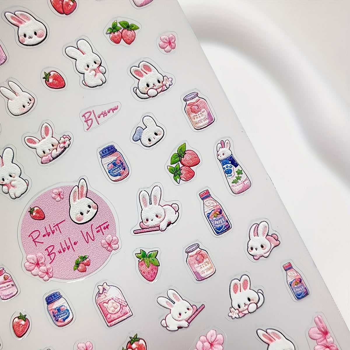 5D Embossed Rabbit Peach Nail Sticker Sakura Rabbit Bubble Water Nail Art