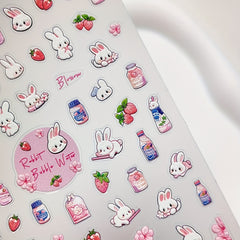 5D Embossed Rabbit Peach Nail Sticker Sakura Rabbit Bubble Water Nail Art