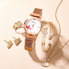 Student Digital Rhinestone Leather Watch & 5pcs Love Rhinestone Jewelry Set