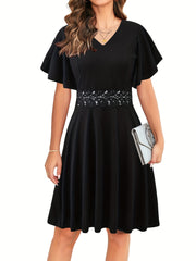 Lace Solid Dress Ruffle Sleeve V Neck Dress Women's Clothing