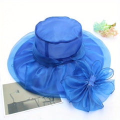 Organza Sun Hat Wide Brim Lace Derby Hat With Detachable Flower
