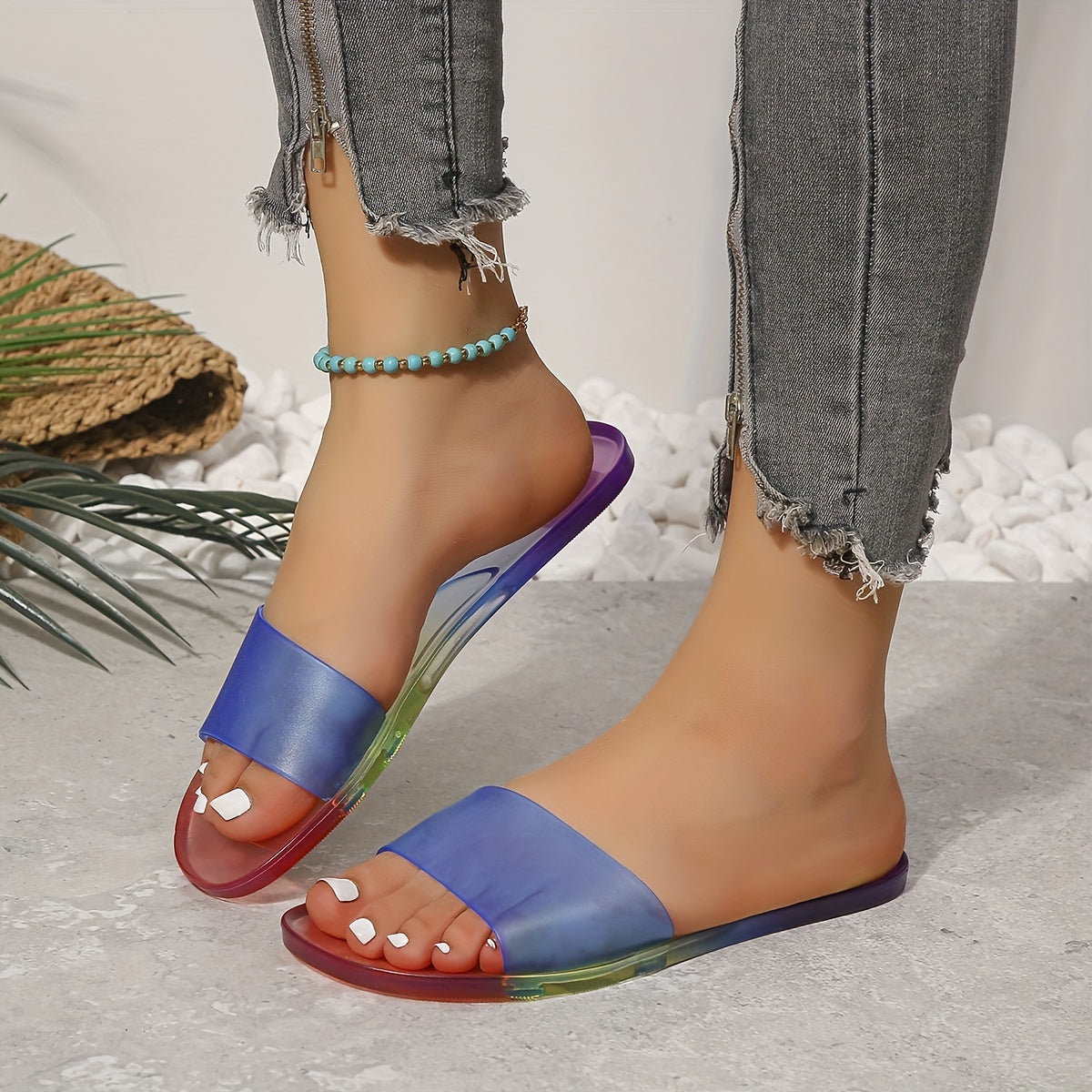 Colorful Jelly Slide Sandals Open Toe Flat Summer Shoes Lightweight