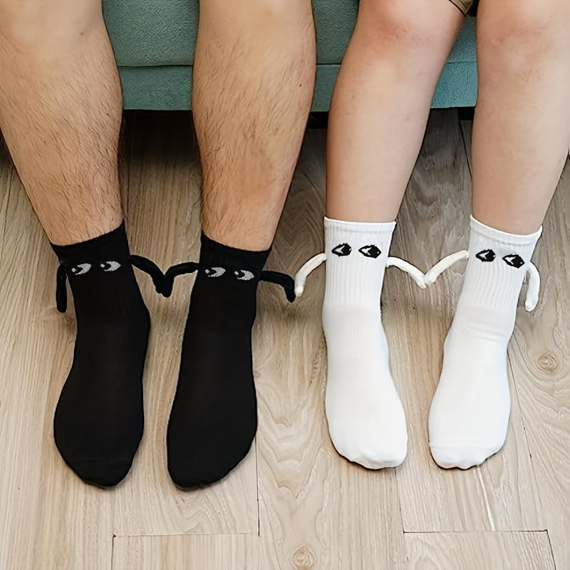 2-Pairs Couple Creative Mid-Calf Socks with 3D Magnetic Hand Holding Dolls