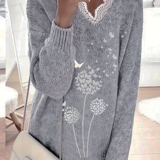 Plant Print Lace Trim V Neck Pullover Sweater for Women