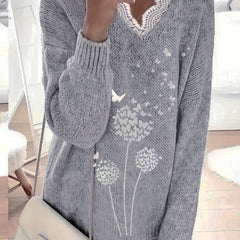 Plant Print Lace Trim V Neck Pullover Sweater for Women