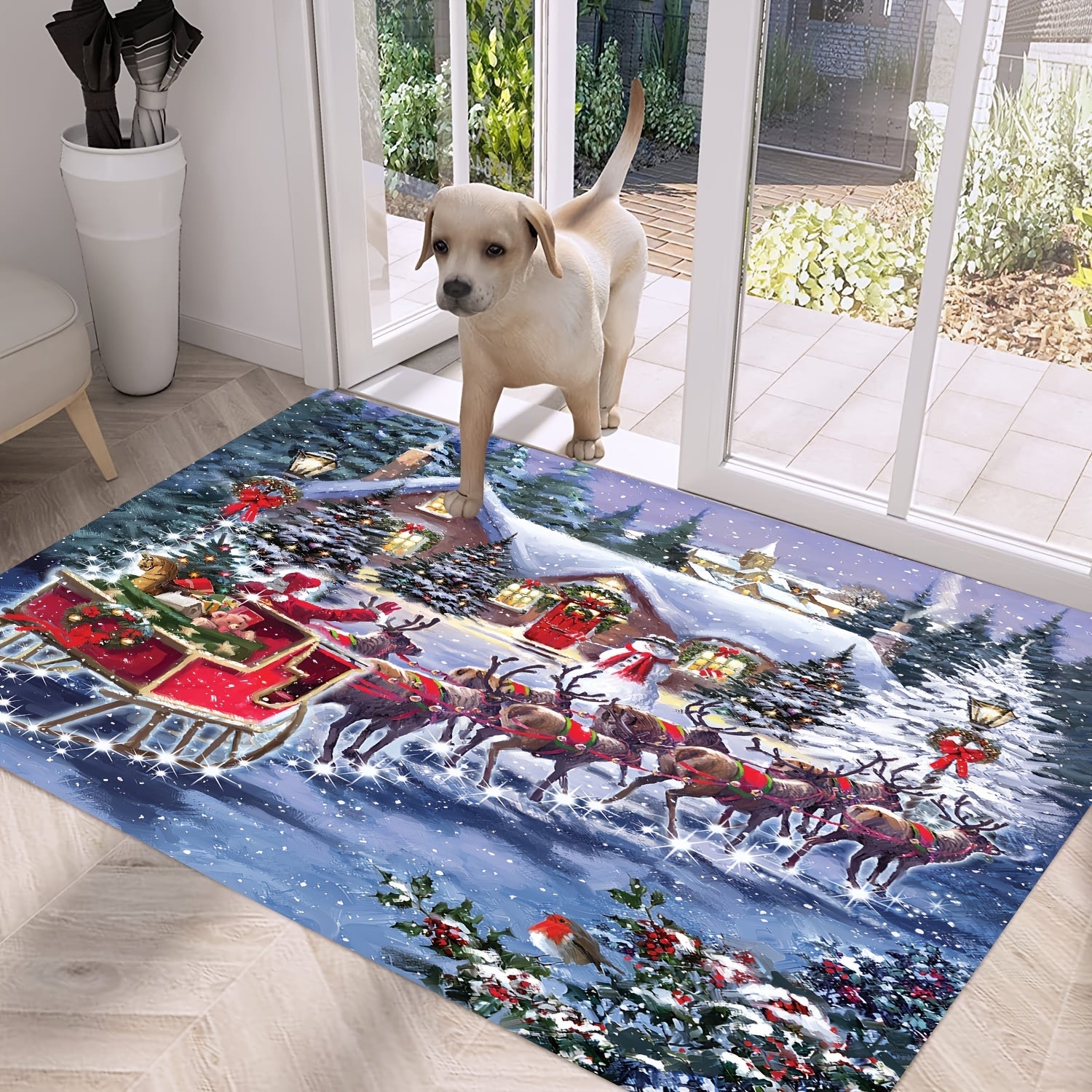 Christmas Deer Cart Flannel Rug for Living Room Bedroom Non-slip Kitchen