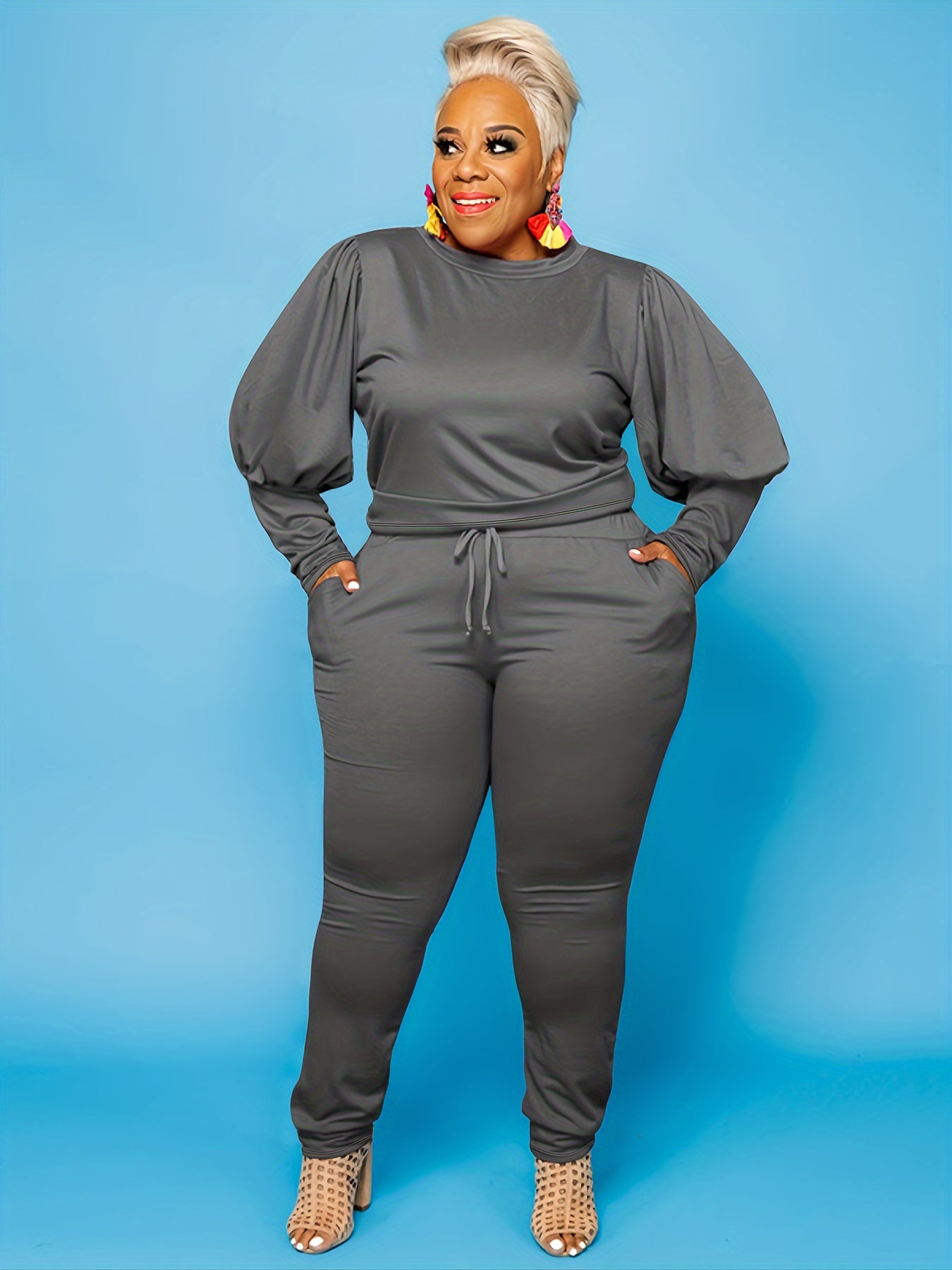 Lantern Sleeve Sweatshirt & Sweatpants Set Women's Plus