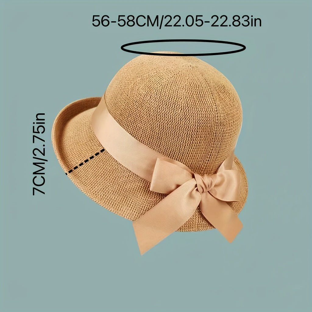 Short Brim Bucket Hat Ribbon Bowknot Sun Hat Solid Adjustable Travel Beach