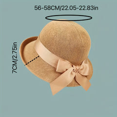 Short Brim Bucket Hat Ribbon Bowknot Sun Hat Solid Adjustable Travel Beach