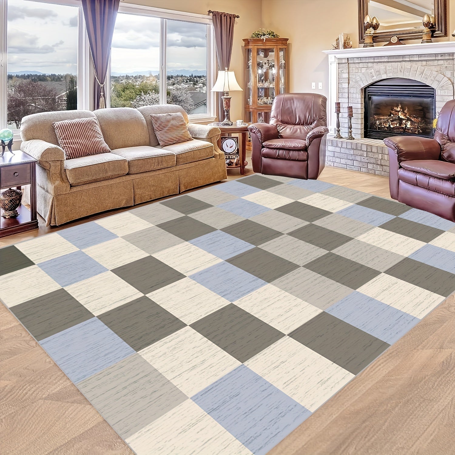 Checkered Non Slip Carpet Large Machine Washable for Daily Use