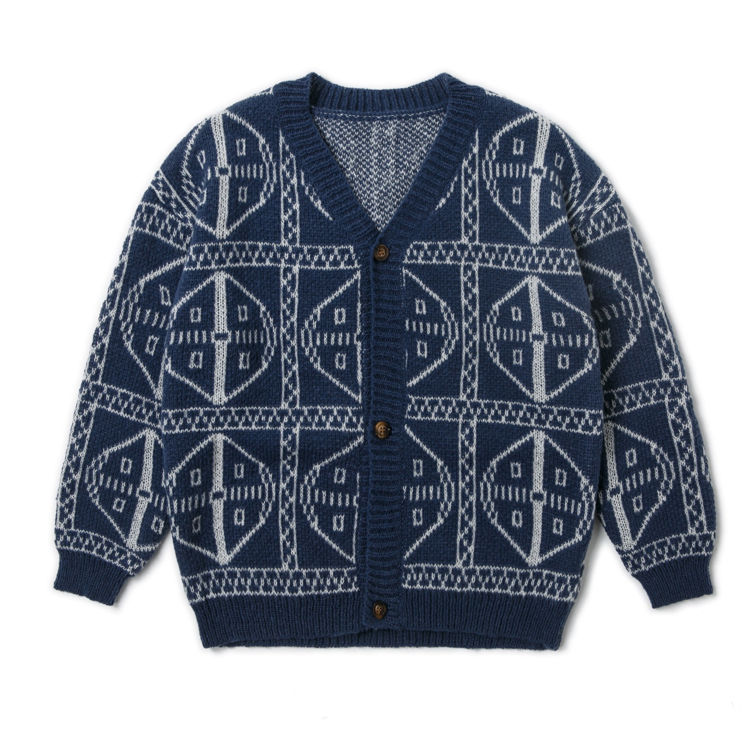Geometric Print Boys Cardigan Sweater Long Sleeve Crew Neck
