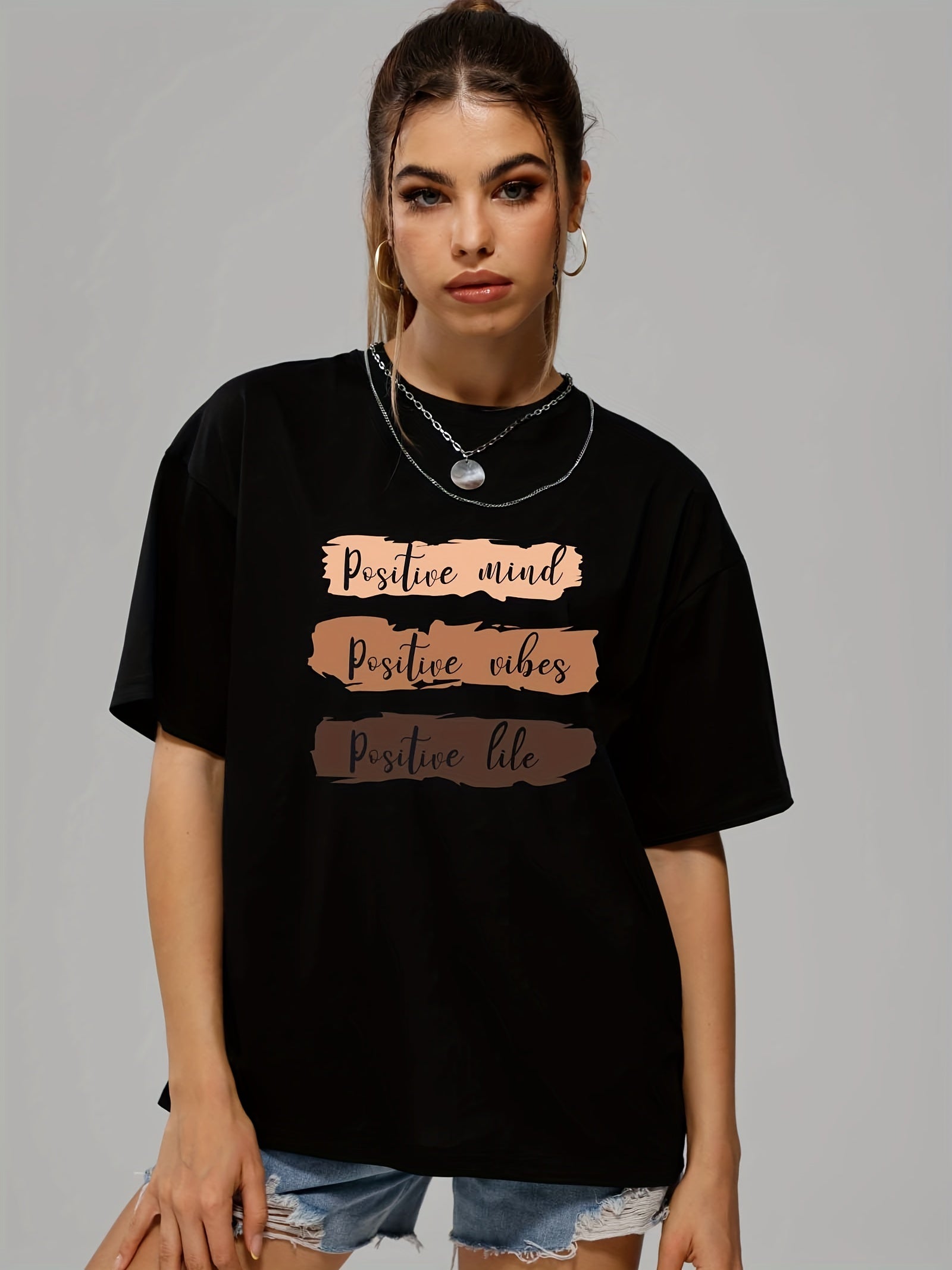 Positive Mind Letter Print T-shirt Loose Crew Neck Sports Tee