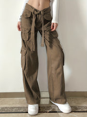 Grey Cargo Pants High Rise Wide Leg Loose Fit