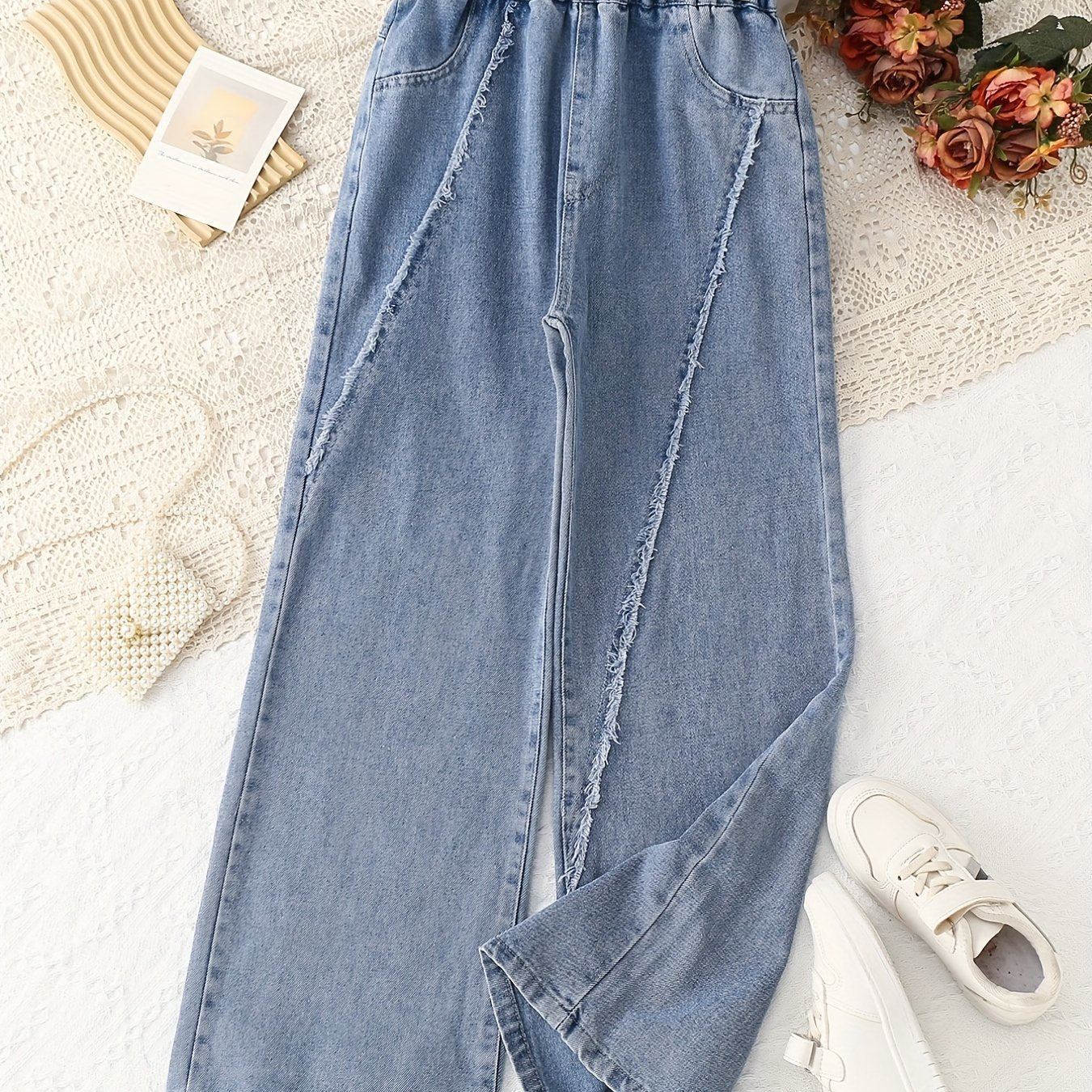 Girls' Wide Leg Jeans Line Stitching Denim Trousers