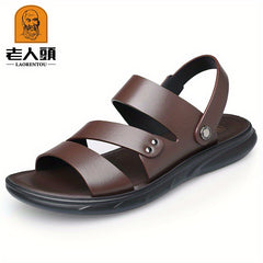 LAORENTOU Men's Leather Sandals Outdoor Anti-skid Slip On Beach Shoes