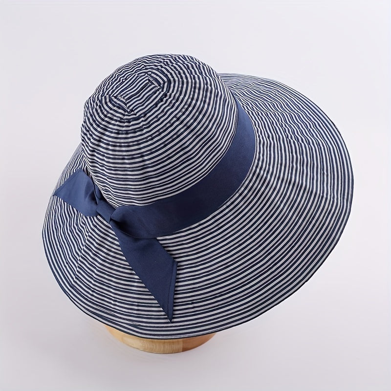 Striped Sun Hat with Bow UV Protection Bucket Hat