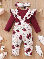 Cotton Baby Girl's 3pc Set Romper Ruffle Overalls Headscarves