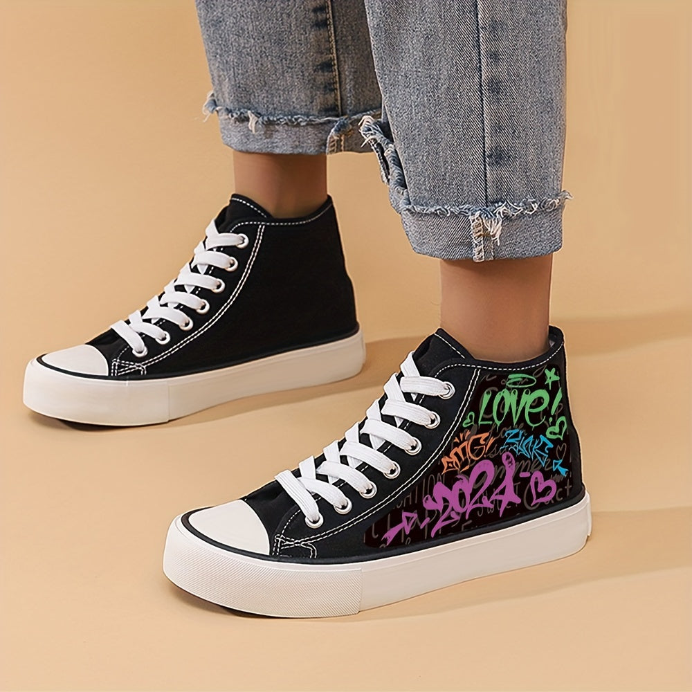 Girls High Top Skate Shoes Letter Pattern Lace Up Sneakers
