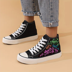 Girls High Top Skate Shoes Letter Pattern Lace Up Sneakers