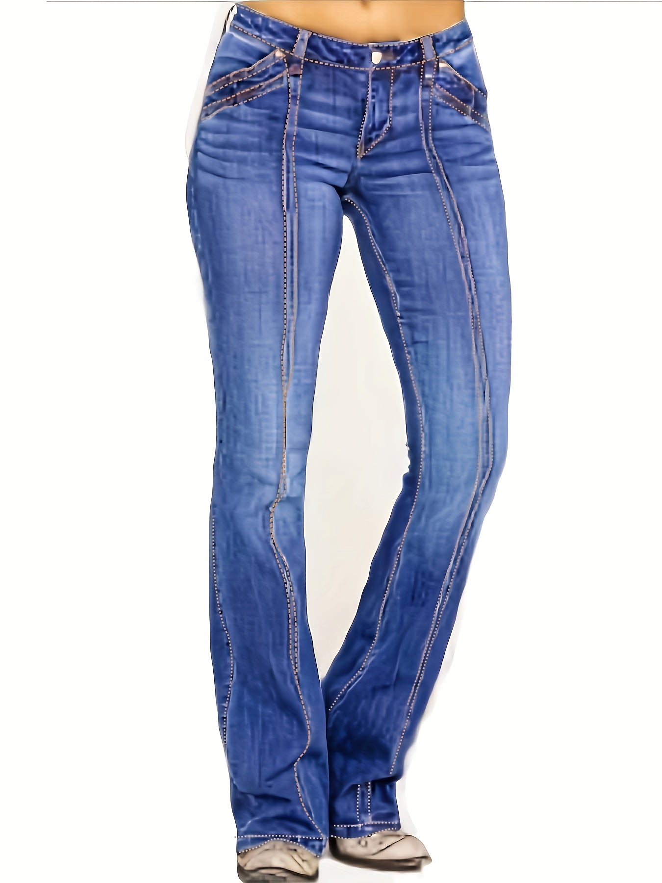 Mid Rise Flare Jeans Slash Pockets Bell Bottom Wide Leg Slim Fit Denim Pants
