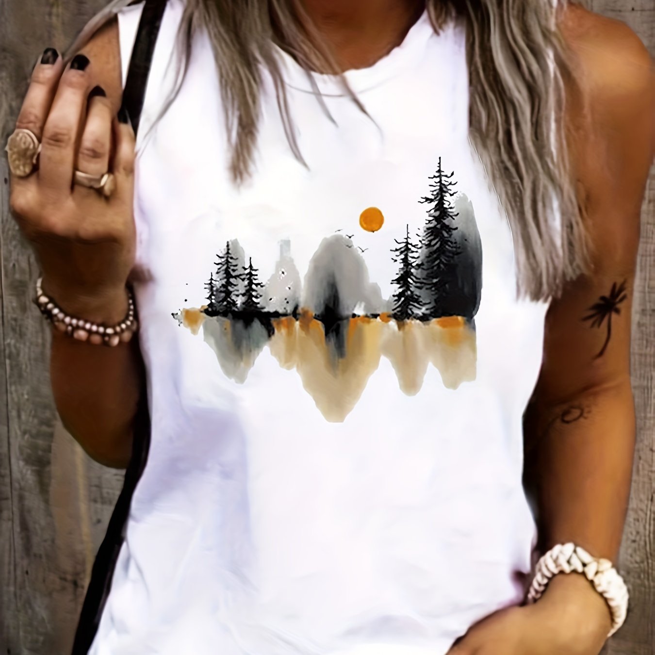 Landscape Ink Painting Print Tank Top Sleeveless Summer Women's Clothing