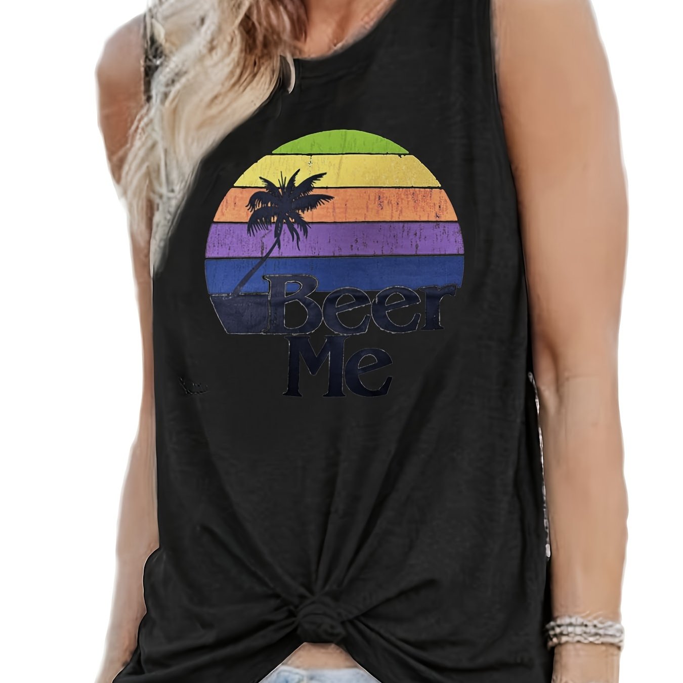 Rainbow Graphic Print Tank Round Neck Sleeveless T-shirt