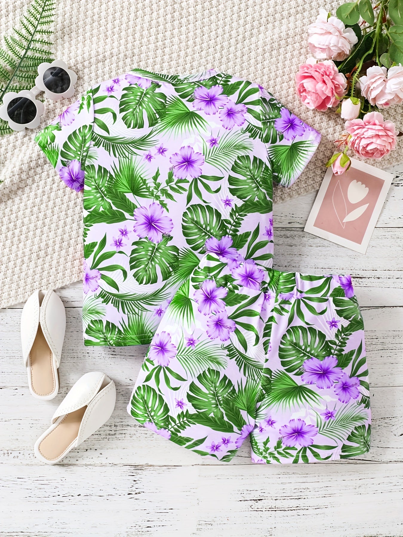 Girls Tropical Flowers Tee & Shorts Set, Summer Beach Outfit