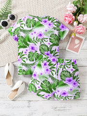 Girls Tropical Flowers Tee & Shorts Set, Summer Beach Outfit