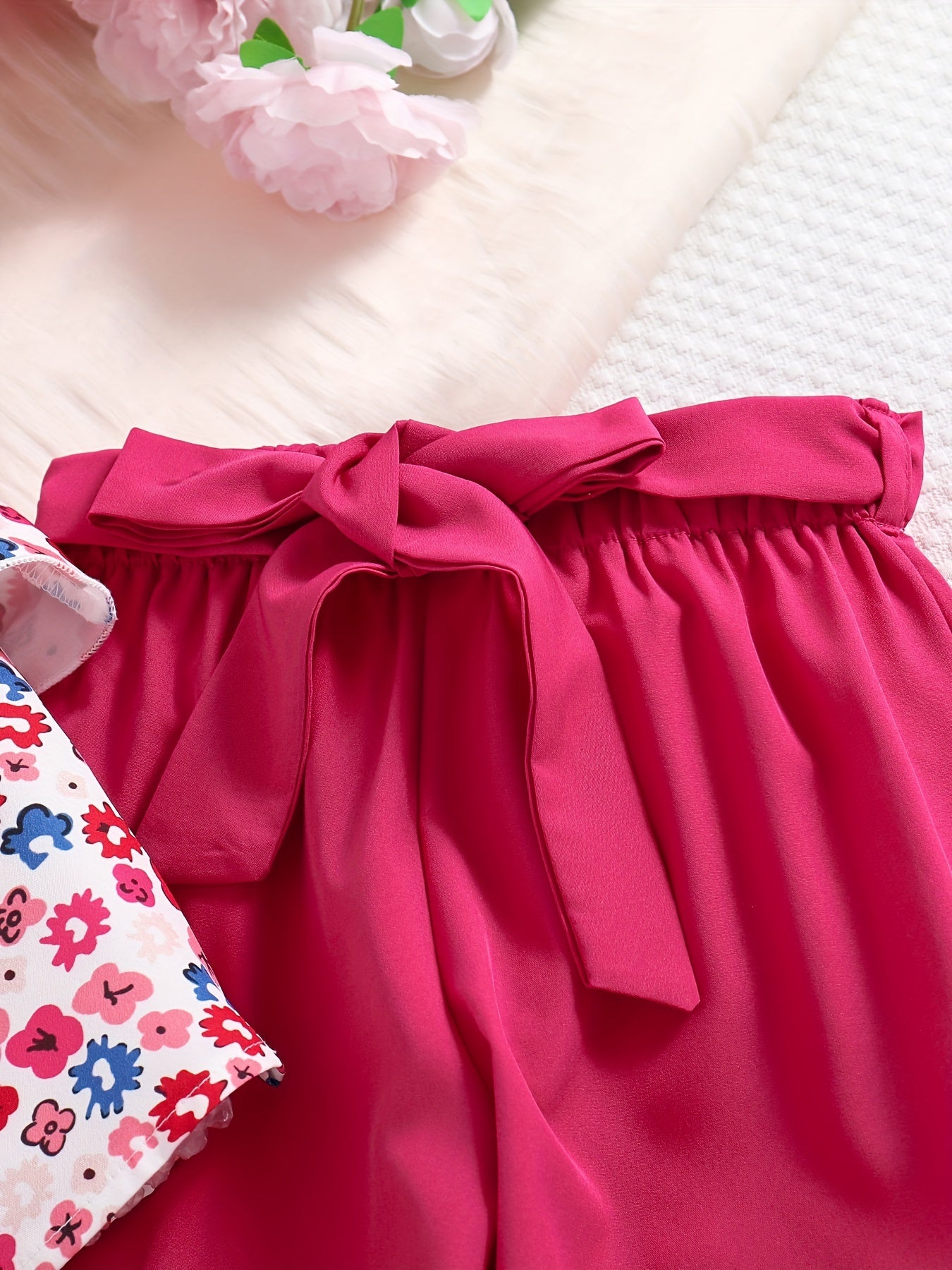 2pcs Toddler Girls Floral Ruffle Trim Top & Pants Set