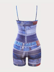 Denim Print Spaghetti Strap Romper Summer Casual Outfit