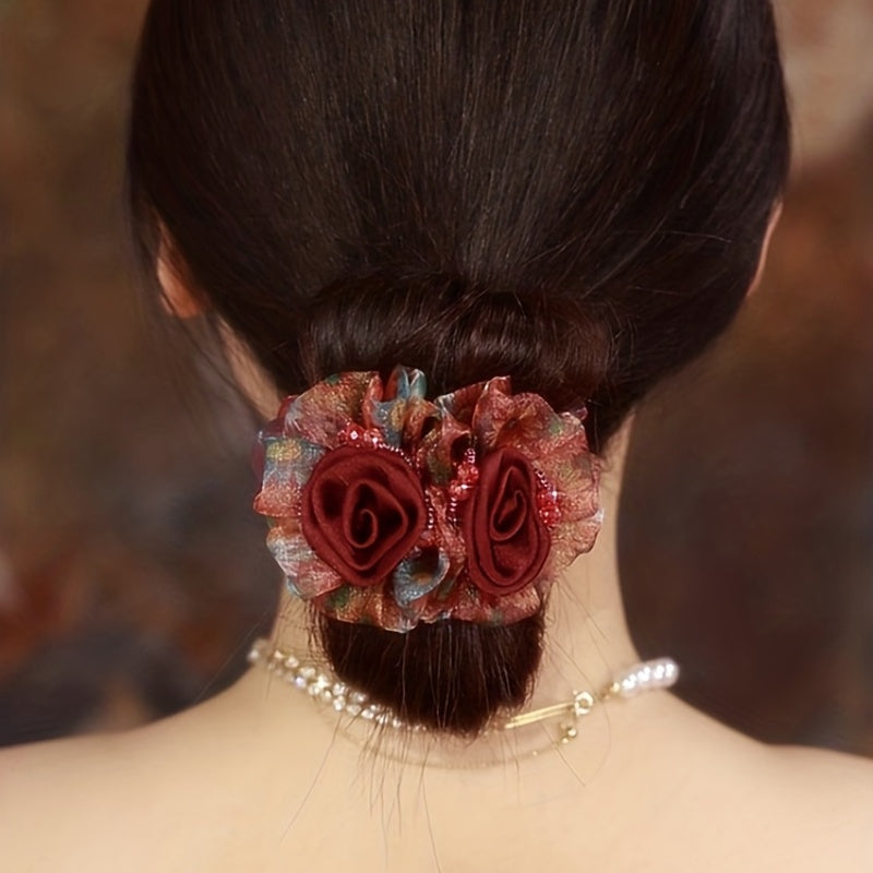 Vintage Mesh Flower Beaded Hair Scrunchie Ponytail Holder