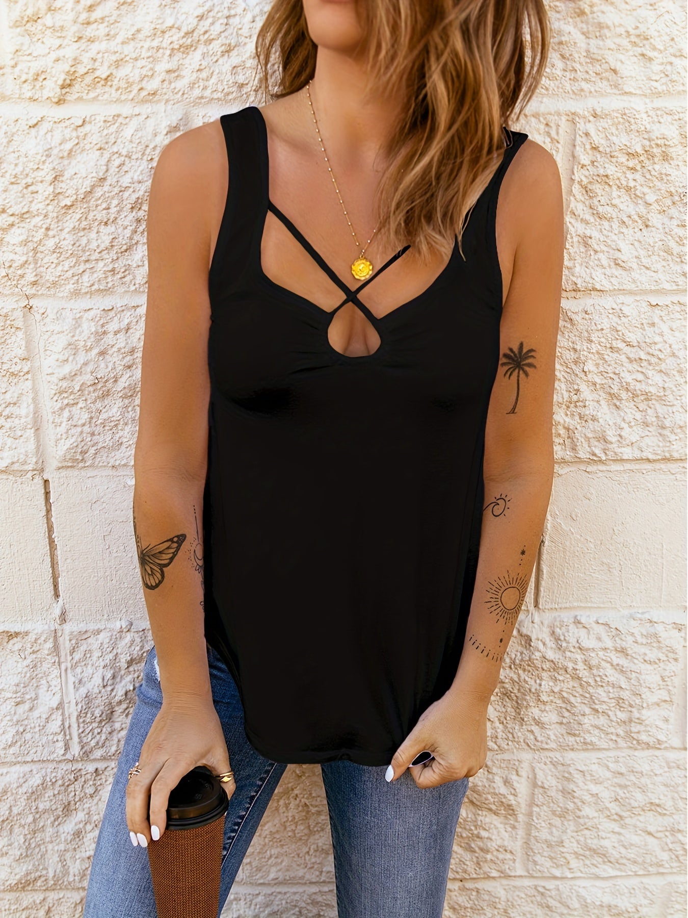 Ruched Keyhole Tank Top Summer Sleeveless Casual Slim Top
