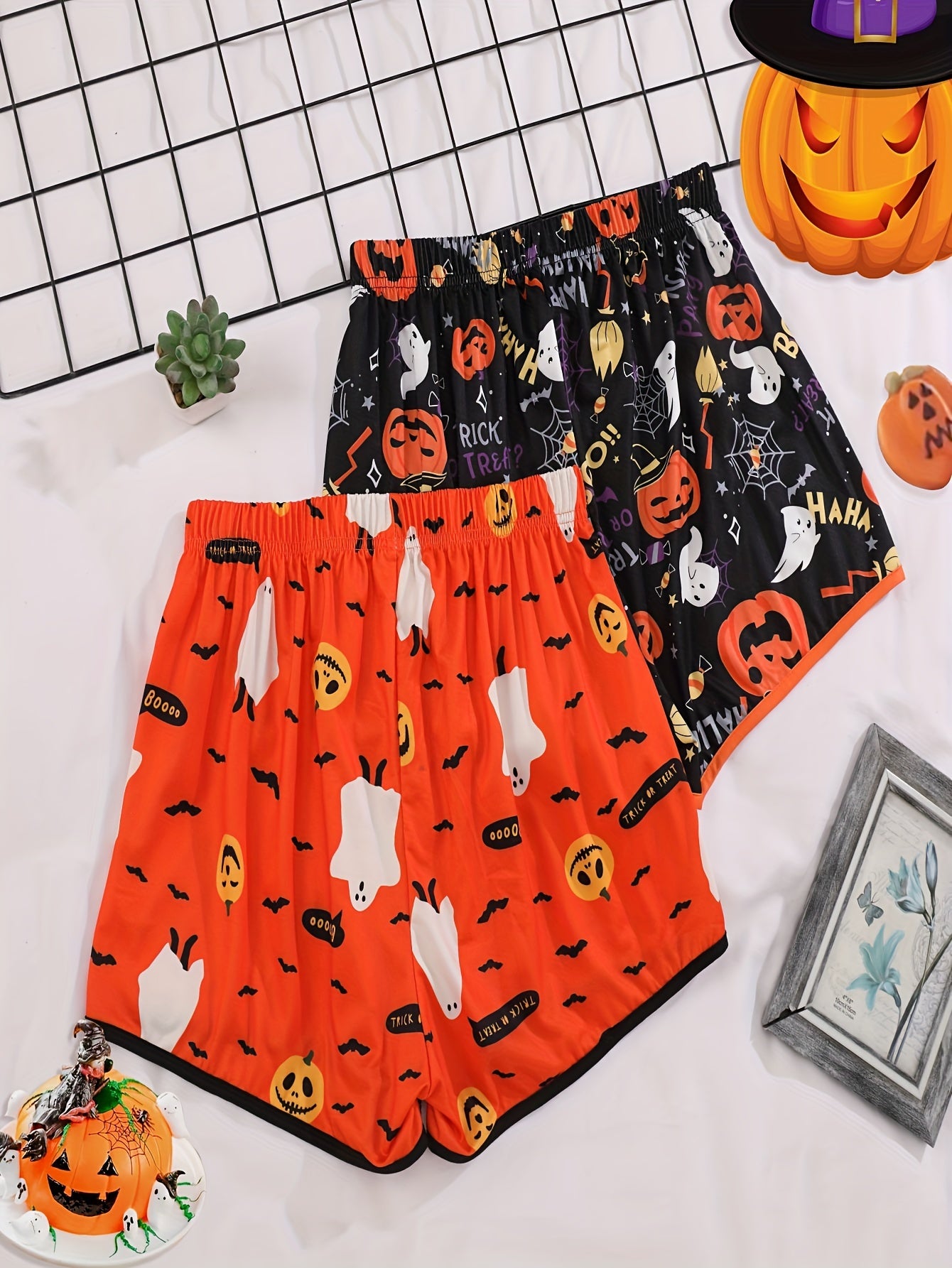 2pcs Pumpkin Print Sleep Bottoms Elastic Waistband Shorts Women's Sleepwear