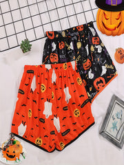 2pcs Pumpkin Print Sleep Bottoms Elastic Waistband Shorts Women's Sleepwear