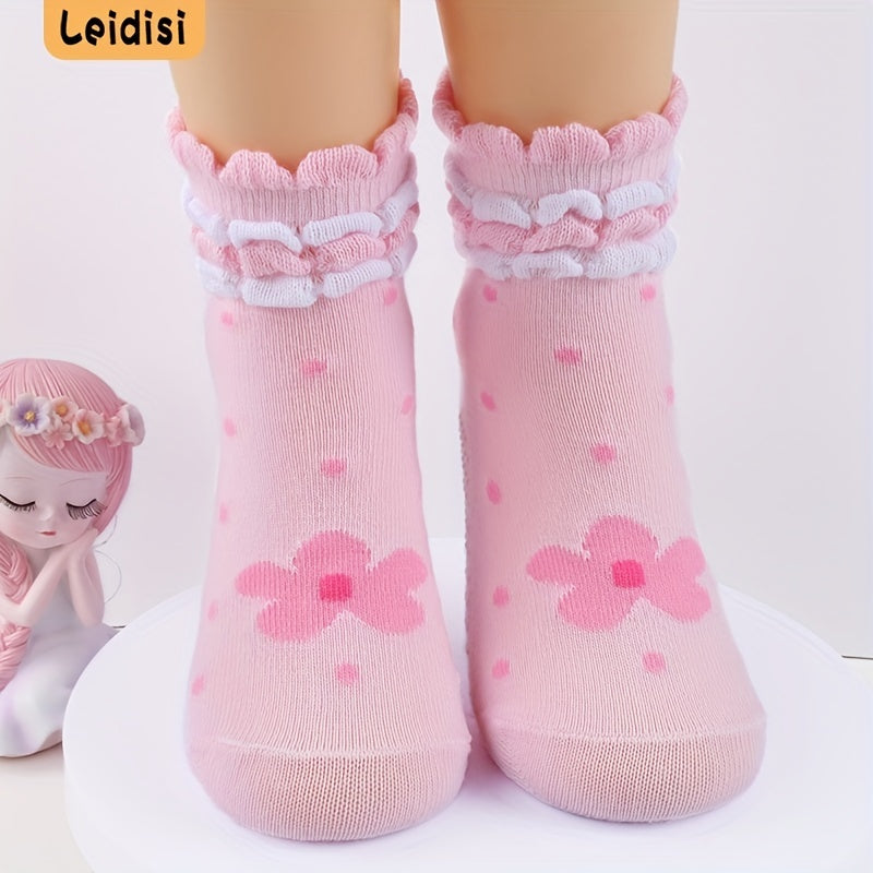 3 Pairs Girls Pink Flower Dot Lace Crew Socks Toddlers Non-Slip Floor Socks