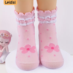3 Pairs Girls Pink Flower Dot Lace Crew Socks Toddlers Non-Slip Floor Socks