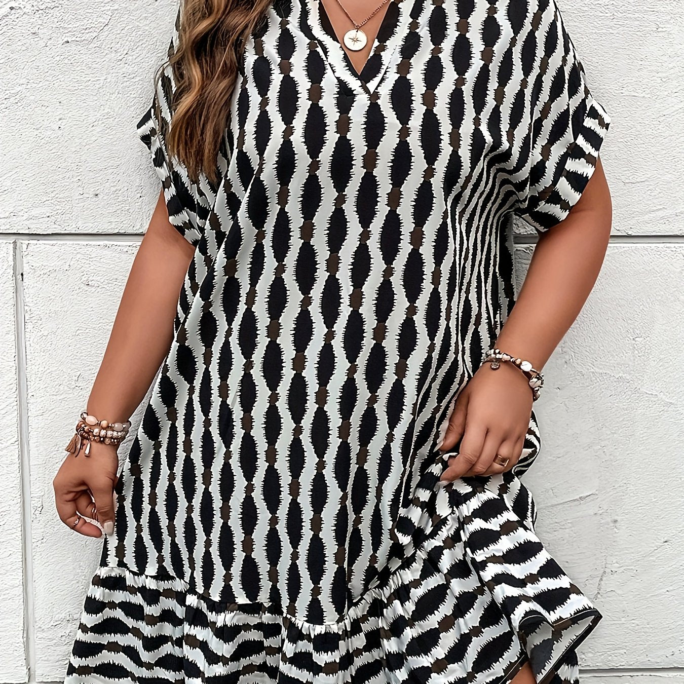 Allover Print Batwing Sleeve V Neck Dropped Waist Dress