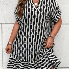 Allover Print Batwing Sleeve V Neck Dropped Waist Dress