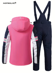 Snowflake Print Ski Set Long Sleeve Hooded Jacket & Suspender Trouser