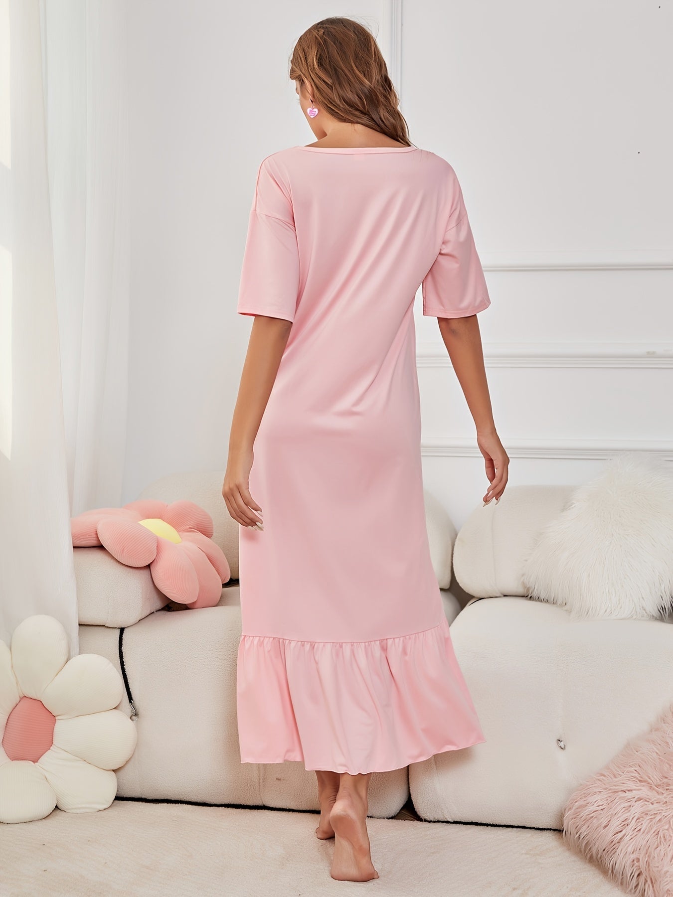 Ruffle NightDress Short Sleeve Pajama Dress Women's Sleepwear
