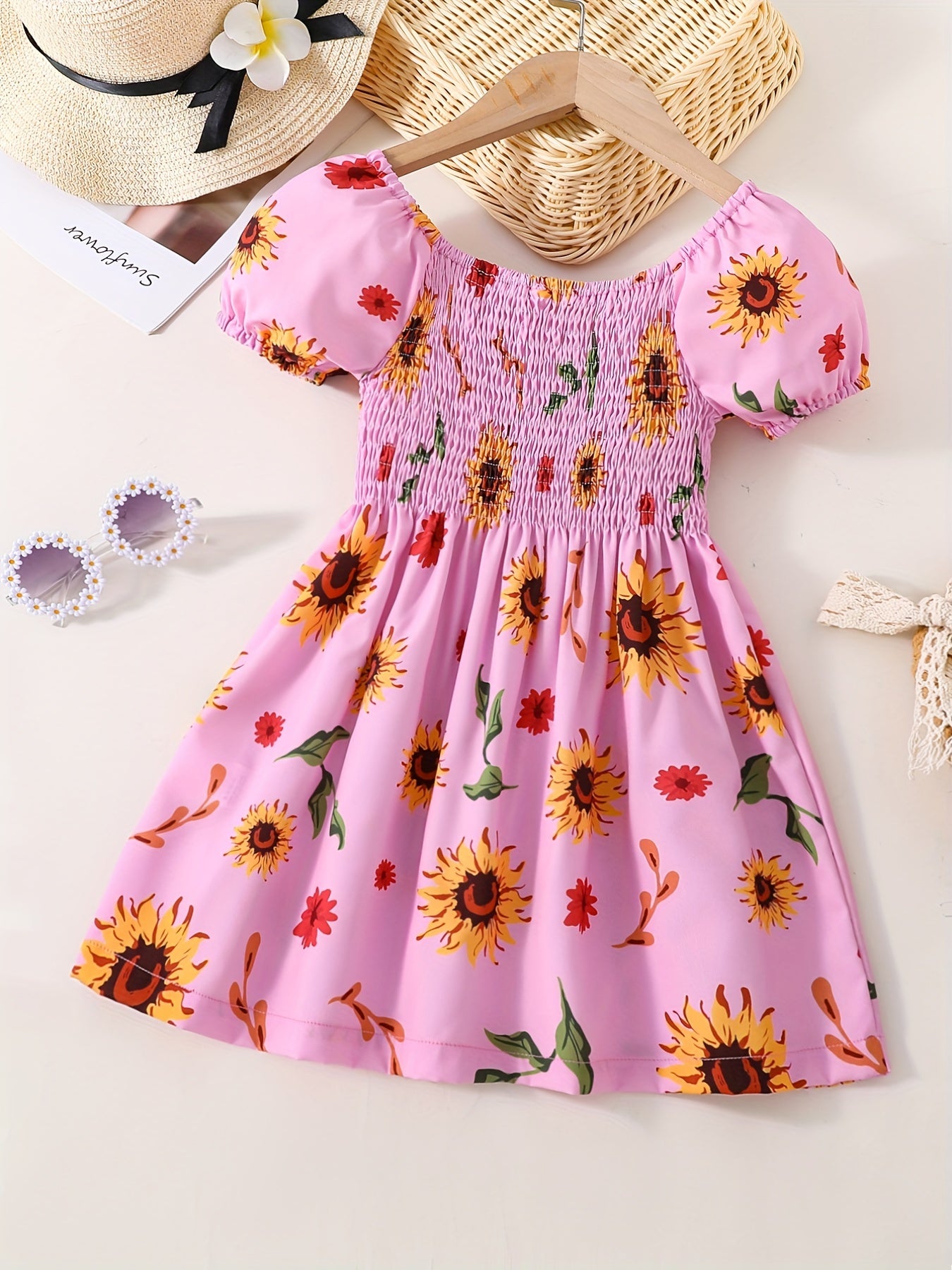 Girls Sunflower Print Princess Dress Kids Summer Clothes